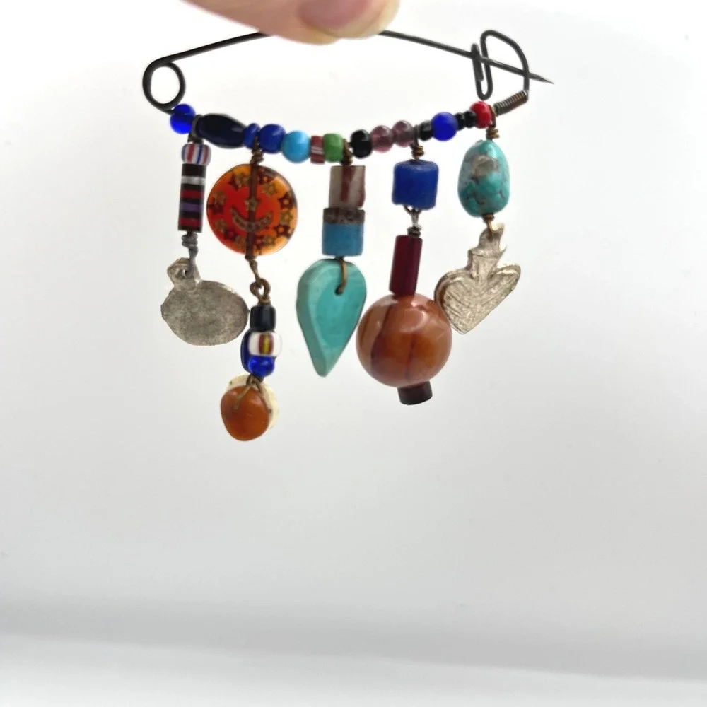 Vintage Fetish Brooch Mixed Media Charm Safety‎ Pin Glass Bead Celestial Heart